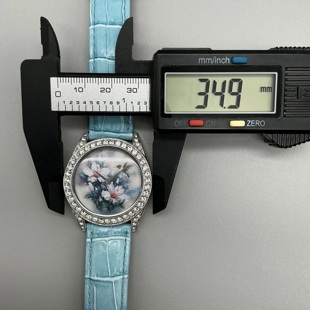 Lena Liu Women Watch 35mm Floral Silver Tone Blue Strap Crystals New Battery